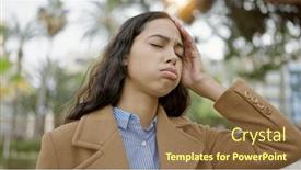  Presentation with headache - PPT theme featuring young-beautiful-hispanic-woman-suffering background and a tawny brown colored foreground