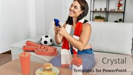  Presentation with supporting - PPT theme featuring young-beautiful-hispanic-woman-supporting background and a coral colored foreground