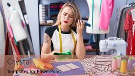  Presentation with clothing factory - Slides consisting of young-beautiful-hispanic-woman-tailor background and a coral colored foreground