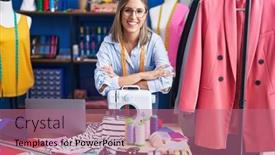  Presentation with factory machine - PPT layouts featuring young-beautiful-hispanic-woman-tailor background and a coral colored foreground