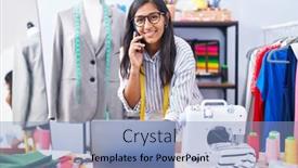  Presentation with beautiful hispanic woman - PPT theme with young-beautiful-hispanic-woman-tailor background and a light blue colored foreground