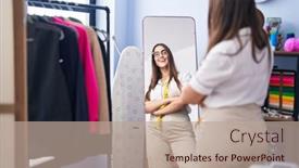  Presentation with clothing factory - Presentation theme consisting of young-beautiful-hispanic-woman-tailor background and a coral colored foreground