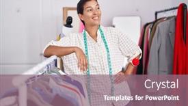  Presentation with clothes shop - PPT theme with young-beautiful-hispanic-woman-tailor background and a violet colored foreground