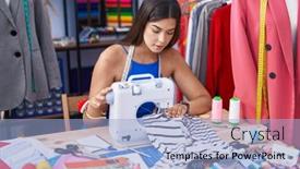  Presentation with machine shop - Presentation featuring young-beautiful-hispanic-woman-tailor background and a light blue colored foreground