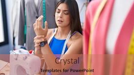  Presentation with machine shop - Slide set with young-beautiful-hispanic-woman-tailor background and a coral colored foreground