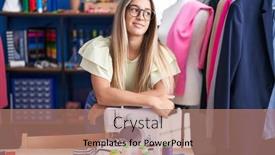  Presentation with factory machine - Slide deck featuring young-beautiful-hispanic-woman-tailor background and a coral colored foreground