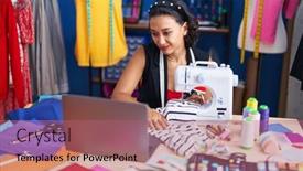  Presentation with factory machine - Presentation enhanced with young-beautiful-hispanic-woman-tailor background and a coral colored foreground