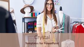  Presentation with clothing factory - PPT theme with young-beautiful-hispanic-woman-tailor background and a coral colored foreground