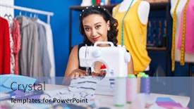  Presentation with factory machine - Theme with young-beautiful-hispanic-woman-tailor background and a light blue colored foreground
