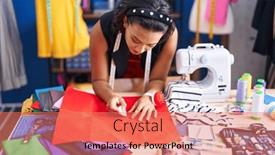  Presentation with clothing factory - Slide deck with young-beautiful-hispanic-woman-tailor background and a coral colored foreground