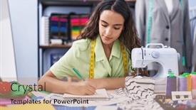  Presentation with clothing factory - PPT theme with young-beautiful-hispanic-woman-tailor background and a coral colored foreground