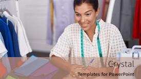  Presentation with speaking - Presentation featuring young-beautiful-hispanic-woman-tailor background and a coral colored foreground