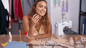  Presentation with speaking - Presentation design enhanced with young-beautiful-hispanic-woman-tailor background and a coral colored foreground