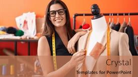  Presentation with confident young hispanic woman - Presentation theme enhanced with young-beautiful-hispanic-woman-tailor background and a coral colored foreground