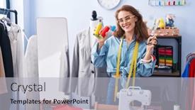  Presentation with confident young hispanic woman - Slide deck having young-beautiful-hispanic-woman-tailor background and a light gray colored foreground