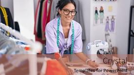  Presentation with confident young hispanic woman - PPT theme with young-beautiful-hispanic-woman-tailor background and a coral colored foreground