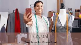  Presentation with confident young hispanic woman - Presentation theme having young-beautiful-hispanic-woman-tailor background and a coral colored foreground