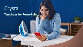  Presentation with ironing - PPT layouts having young-beautiful-hispanic-woman-talking background and a ocean colored foreground