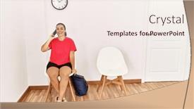  Presentation with waiting room - Presentation design consisting of young-beautiful-hispanic-woman-talking background and a sky blue colored foreground