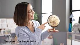  Presentation with woman world - PPT theme having young-beautiful-hispanic-woman-teaching background and a light gray colored foreground