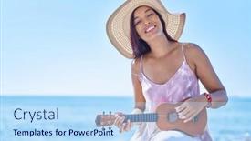  Presentation with ukulele - Slides having young-beautiful-hispanic-woman-tourist background and a light blue colored foreground