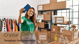  Presentation with charity - PPT theme consisting of young-beautiful-hispanic-woman-volunteer background and a coral colored foreground