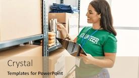  Presentation with canned food - PPT layouts having young-beautiful-hispanic-woman-volunteer background and a coral colored foreground