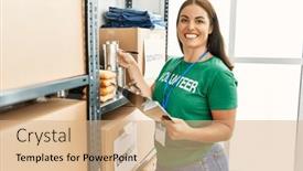  Presentation with beautiful hispanic woman - PPT theme featuring young-beautiful-hispanic-woman-volunteer and a coral colored foreground