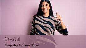  Presentation with hand print - Slide deck consisting of young-beautiful-hispanic-woman-wearing background and a coral colored foreground