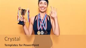  Presentation with swimmer - Audience pleasing presentation theme consisting of young-beautiful-hispanic-woman-wearing backdrop and a yellow colored foreground