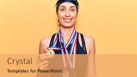  Presentation with swimmer - Slide deck having young-beautiful-hispanic-woman-wearing background and a yellow colored foreground