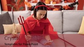  Presentation with devil - Presentation design having young-beautiful-hispanic-woman-wearing background and a crimson colored foreground