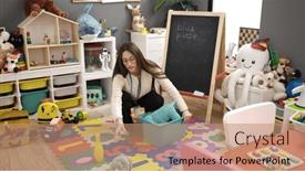  Presentation with kindergarten - Presentation theme consisting of young-beautiful-hispanic-woman-working background and a coral colored foreground