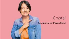  Presentation with forefinger - Cool new PPT layouts with young-beautiful-hispanic-woman backdrop and a coral colored foreground