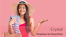  Presentation with beach bag - Theme having young-beautiful-latin-girl-wearing background and a coral colored foreground