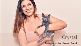  Presentation with teeth - Colorful presentation design enhanced with young-beautiful-latin-woman-holding backdrop and a  colored foreground