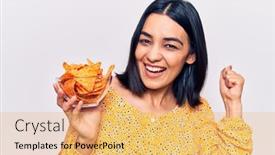  Presentation with nachos - Presentation enhanced with young-beautiful-latin-woman-holding background and a yellow colored foreground