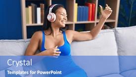  Presentation with latin music - PPT theme featuring young-beautiful-latin-woman-listening background and a teal colored foreground