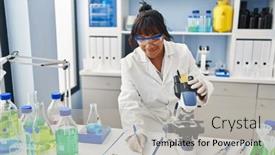  Presentation with report - Slide set consisting of young-beautiful-latin-woman-scientist background and a light gray colored foreground