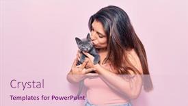  Presentation with pink cat - Colorful presentation theme enhanced with young-beautiful-latin-woman-smilling backdrop and a lemonade colored foreground