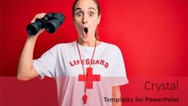  Presentation with whistle - PPT theme featuring young-beautiful-lifeguard-woman-wearing background and a red colored foreground