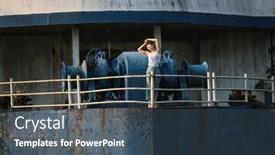  Presentation with race - Presentation design featuring young beautiful mixed race woman on an abandoned giant metal ship background and a ocean colored foreground