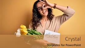  Presentation with young mothers - Cool new PPT theme with young-beautiful-mom-with-curly backdrop and a gold colored foreground