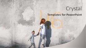  Presentation with family fashion - Colorful presentation theme enhanced with young beautiful mom with her son wearing casual clothes striped hoodie t-shirt and and pants posing against city wall minimalist street fashion style same look family outfit for parent and child backdrop and a light gray colored foreground