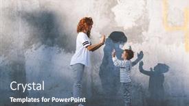  Presentation with family fashion - Slide set having young beautiful mom with her son wearing casual clothes striped hoodie t-shirt and and pants posing against city wall minimalist street fashion style same look family outfit for parent and child background and a ocean colored foreground