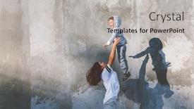  Presentation with family fashion - Audience pleasing presentation design consisting of young beautiful mom with her son wearing casual clothes striped hoodie t-shirt and and pants posing against city wall minimalist street fashion style same look family outfit for parent and child backdrop and a light gray colored foreground