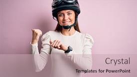  Presentation with pink blue - Theme with young-beautiful-motorcyclist-woman background and a soft green colored foreground