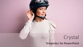  Presentation with moto - Audience pleasing PPT theme consisting of young-beautiful-motorcyclist-woman backdrop and a soft green colored foreground