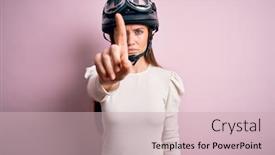  Presentation with moto - Presentation theme featuring young-beautiful-motorcyclist-woman background and a soft green colored foreground