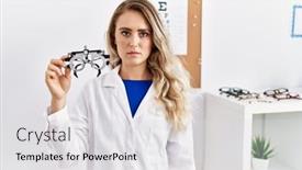  Presentation with optometry - Slide deck having young-beautiful-optician-woman-holding background and a light gray colored foreground